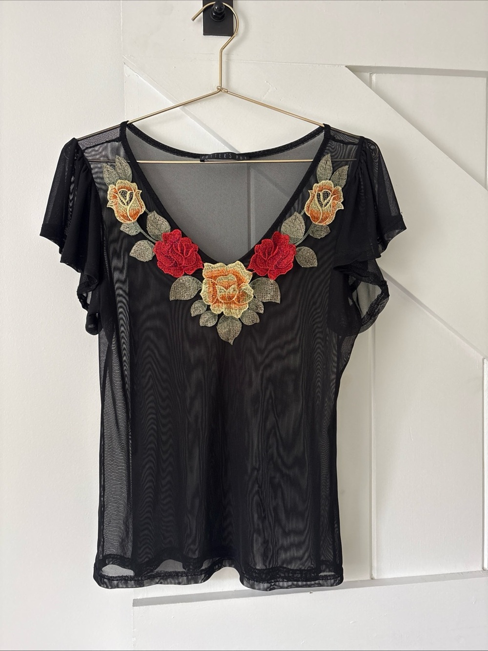 Potter’s Pot Women's Black Floral Sheer Blouse Flutter Sleeves Chic